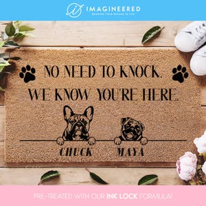Tapis de bienvenue personnalisé pour les amoureux des animaux de compagnie - Paillasson personnalisé « Pas besoin de frapper, nous savons que vous êtes ici » - Tapis de bienvenue personnalisé pour chien