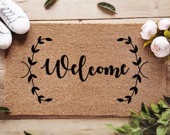 Custom Welcome Doormat / Leaf Border / Custom Door Mat / New Home Gift / Housewarming Nature Inspired Gift