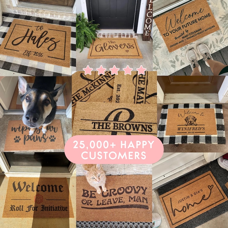 a collage of door mats with a dog in the middle
