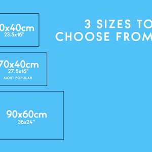 May include: Three different sizes of canvas prints are shown. The sizes are 60x40cm (23.5x16 inches), 70x40cm (27.5x16 inches), and 90x60cm (36x24 inches). The text "3 SIZES TO CHOOSE FROM" is displayed above the sizes.
