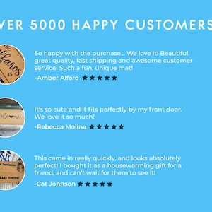 May include: Three customer reviews for personalised doormats. The first review is for a doormat with the text "the Alfaros" in black lettering on a brown background. The second review is for a doormat with the text "Welcome" in black lettering on a brown background. The third review is for a doormat with the text "House Rules Enforced" and "Hello There" in black lettering on a brown background.