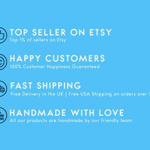 Pu&ograve; includere: Una grafica blu con testo bianco che evidenzia i vantaggi dell'acquisto da un venditore su Etsy. La grafica include icone per un pollice in su, un viso sorridente, un camion di consegna e un simbolo fatto a mano. Il testo include "Top Seller on Etsy", "Top 1% dei venditori su Etsy", "Happy Customers", "100% Customer Happiness Guaranteed", "Fast Shipping", "Spedizione gratuita nel Regno Unito | Spedizione gratuita negli Stati Uniti per ordini superiori a $ 35", "Handmade with Love" e "Tutti i nostri prodotti sono fatti a mano dal nostro team cordiale."