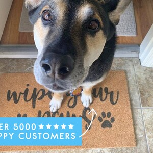Pu&ograve; includere: Un cane marrone e nero con una zampa bianca &egrave; in piedi su uno zerbino marrone con il testo "Wipe your paws" in lettere nere. Lo zerbino ha un'impronta di zampa nera nell'angolo in basso a destra. Il testo "OVER 5000 ***** HAPPY CUSTOMERS" &egrave; in testo bianco su sfondo blu.