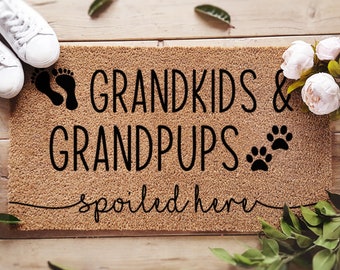 Welcome To Our Home Grandkids And Grandpups Doormat - Personalized Welcome Dog Mat - Dog Grandma Gift - Dog Grandparents - Spoiled Here