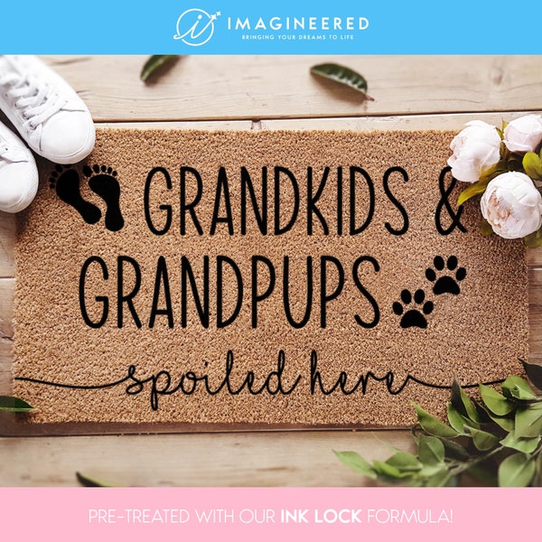 Welcome To Our Home Grandkids And Grandpups Doormat - Personalized Welcome Dog Mat - Dog Grandma Gift - Dog Grandparents - Spoiled Here