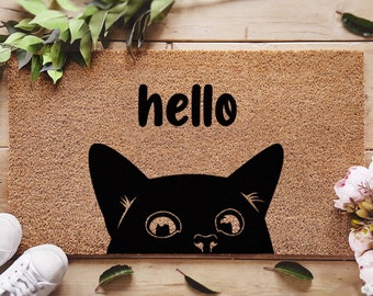 Hello Cat Welcome Doormat - Animal Lovers - Cat Lover - Doormat for Pet Lovers - Custom Coir Mat - Home Decor - Gift Ideas