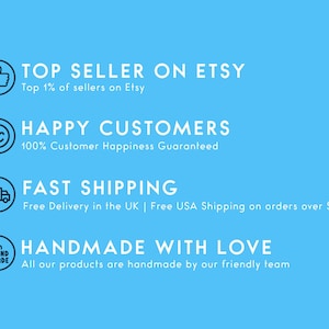 May include: A blue graphic with white text highlighting the benefits of shopping with a seller on Etsy. The graphic includes icons for a thumbs up, a smiley face, a delivery truck, and a hand-made symbol. The text includes "Top Seller on Etsy", "Top 1% of sellers on Etsy", "Happy Customers", "100% Customer Happiness Guaranteed", "Fast Shipping", "Free Delivery in the UK | Free USA Shipping on orders over $35", "Handmade with Love", and "All our products are handmade by our friendly team."