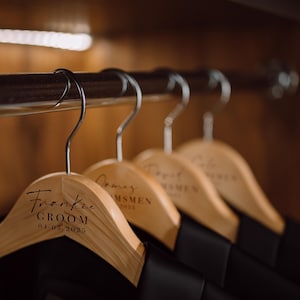 Engraved Wooden Hangers for Wedding, Wedding Tuxedo Hanger with Engraved Names, Groomsmen Gift, Custom Engraved Groom hanger For Him