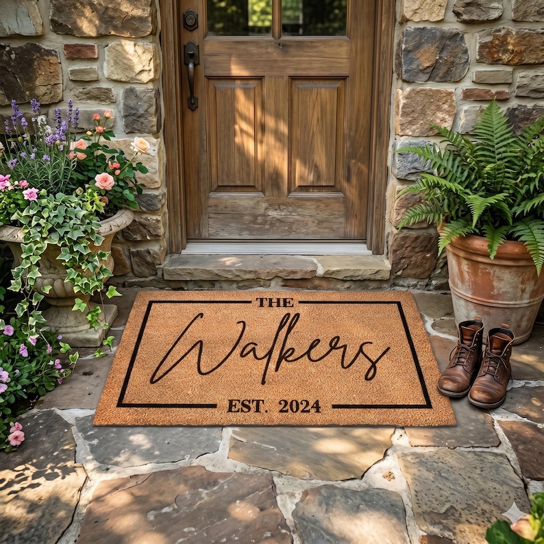 May include: A rectangular doormat with the text "THE Walkers EST. 2024" in black script. The mat is brown with a black border, placed in front of a wooden door. Brown leather boots are placed to the right of the mat.
