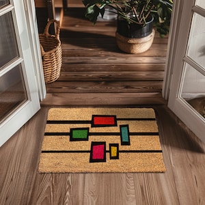 Colorful Entryway Decor - Must-Have Mid Century Modern Doormat - Stylish Mid Century Modern Coir Door Mat - Abstract Squares Doormat Rug