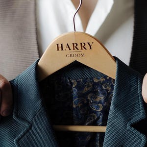 Groom&#39;s Hanger Wedding Gift  - Wedding Tuxedo Wooden Hanger - Hanger With Engraved Names - Groomsmen Gift - Engraved Grooms Hanger