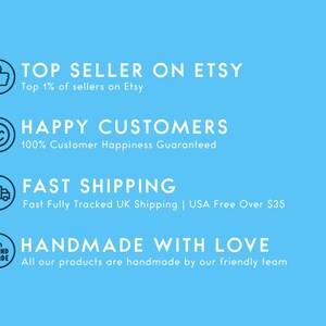 May include: A blue background with white text and icons. The text reads "Top Seller on Etsy, Top 1% of sellers on Etsy", "Happy Customers, 100% Customer Happiness Guaranteed", "Fast Shipping, Fast Fully Tracked UK Shipping | USA Free Over $35", and "Handmade with Love, All our products are handmade by our friendly team".