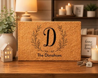 Open Laurel Wreath Initial – Monogram Coir Doormat | Personalised Initial Welcome Mat | Wedding Gift