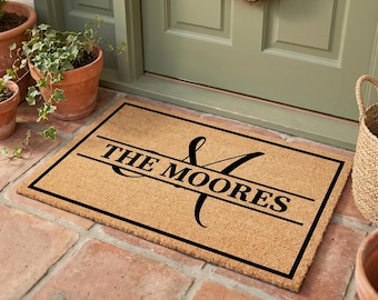 Felpudo personalizado, felpudo de bienvenida con apellido familiar personalizado, felpudo de fibra de coco con apellido, regalo de inauguración de casa, regalo de boda, regalo de despedida para una nueva casa.