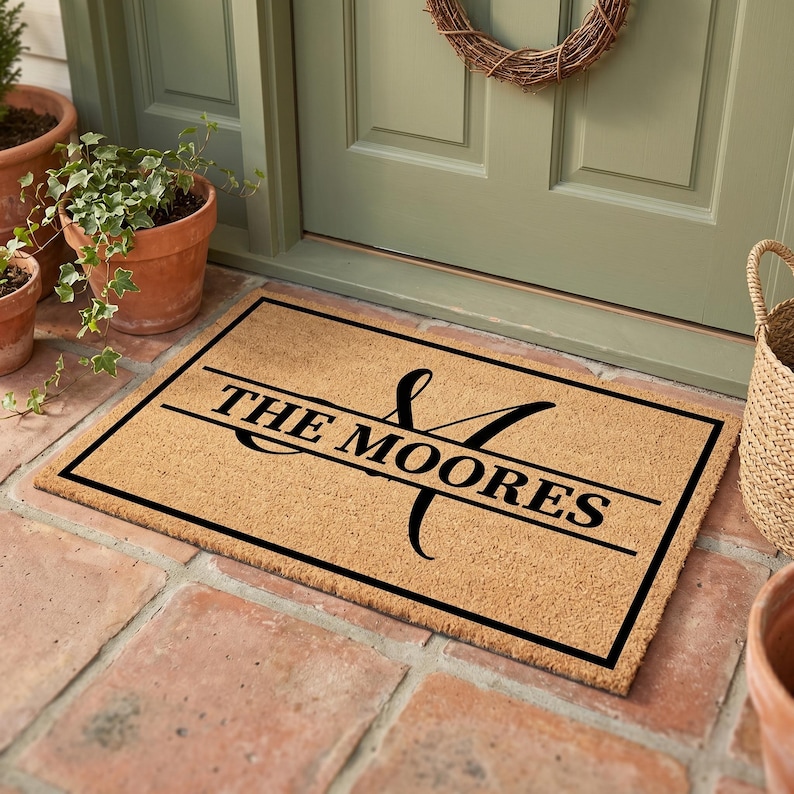 May include: A rectangular doormat made of natural coir fiber. The mat features a black border and the words "THE MOORES" in a bold, black font, with a decorative ampersand and initial. The mat is placed on a brick patio.