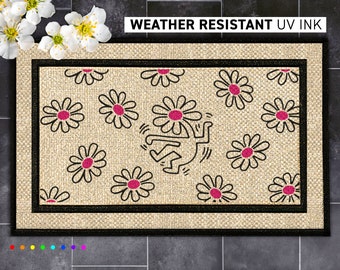 Keith Haring Style Entry Rug, Pop Culture Design Keith Haring Style Entry Mat, Weatherproof Entrance Rug, Keith Haring Style Entry Rug