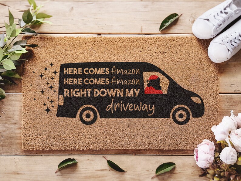 Here Comes Amazon Funny Christmas Doormat Funny Holiday Etsy