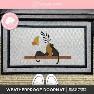 Handcrafted Cat Patterned Mid Century Modern All Weather Doormat, Vintage Inspired Cat Print All Weather Doormat for your Modern Entryway