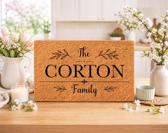 Two-Tone Bold Serif Centrepiece – Personalised Family Name Coir Mat | Last Name Doormat | Housewarming Gift