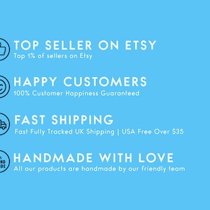 May include: A blue background with white text and icons. The text reads "Top Seller on Etsy, Top 1% of sellers on Etsy", "Happy Customers, 100% Customer Happiness Guaranteed", "Fast Shipping, Fast Fully Tracked UK Shipping | USA Free Over $35", and "Handmade with Love, All our products are handmade by our friendly team".