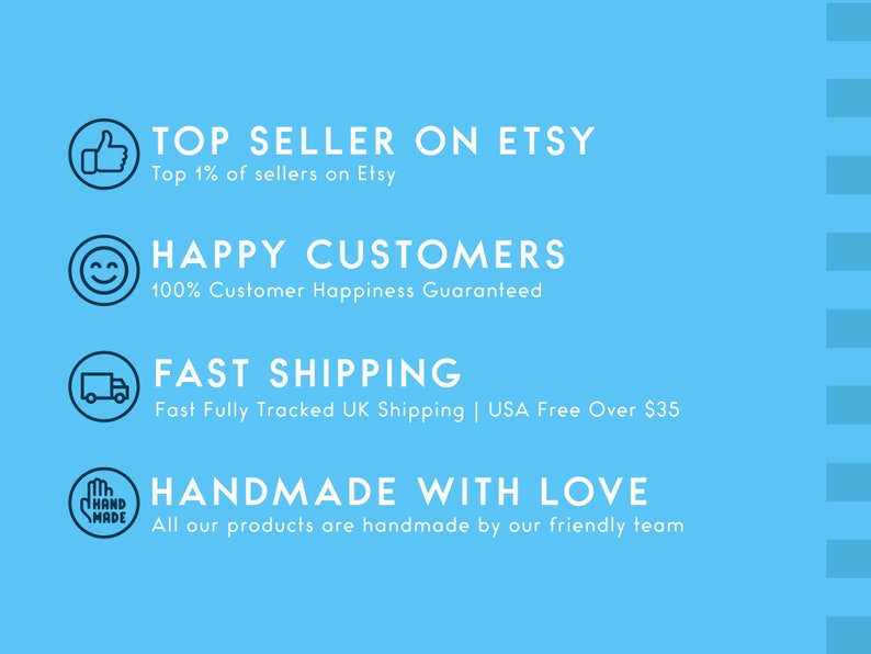 May include: A blue background with white text and icons. The text reads "Top Seller on Etsy, Top 1% of sellers on Etsy", "Happy Customers, 100% Customer Happiness Guaranteed", "Fast Shipping, Fast Fully Tracked UK Shipping | USA Free Over $35", and "Handmade with Love, All our products are handmade by our friendly team".