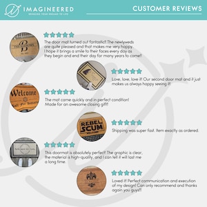May include: Customer reviews of custom doormats. The mats feature various designs and text, including "The Barrows," "Welcome," and "Rebel Scum Welcome." The reviews are accompanied by star ratings, indicating customer satisfaction with the product.