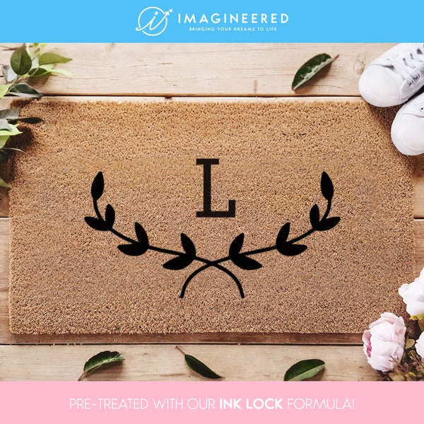 Custom Initials Doormat / Monogram Door Mat / Leaf Border Floral Decoration / Wedding Gift
