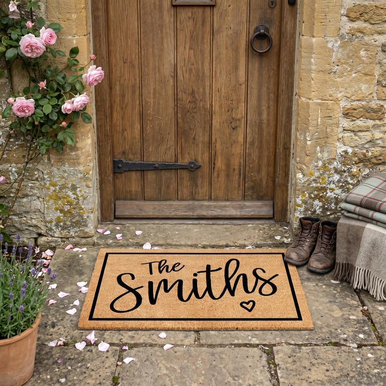 May include: A rectangular doormat with a black border and the name "The Smiths" in a cursive font, with a heart symbol. The mat is made of a natural fiber material and is placed in front of a wooden door.