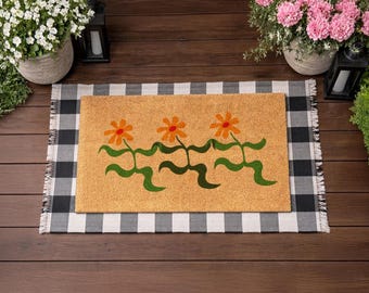 Funky Daisy dörrmatta | Naturlig kokosmönstrad matta | Ljus blommig inflyttningspresent