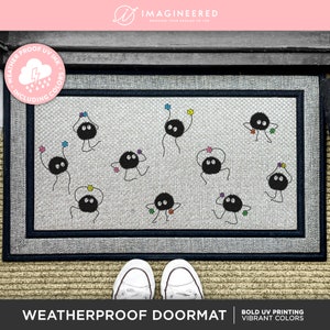 Magical Studio Ghibli Inspired All Weather Doormat, Dancing Soot Sprites Susuwatari, Perfect for Anime Fans, Spirited Away, Front Door Decor