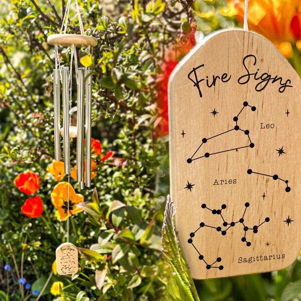 Signos de fuego Madera Zodiac Wind Chime / Leo Aries Sagitario / Signo de estrella de astrología Windchime a medida / Regalos para los amantes de la astrología / Regalo del zodíaco