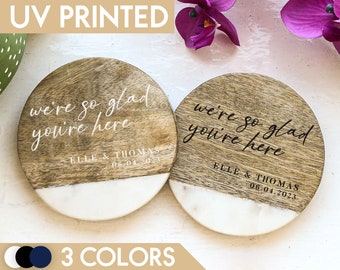 Wedding Welcome Coaster, We're So Glad You're Here, Wedding Coasters Personalized, Wood Marble Coaster, Couple Gifts, Newlywed Wedding Gifts