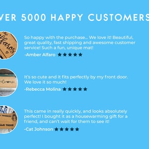 May include: Three customer reviews for personalized doormats. The first review is for a doormat with the text "the Alfaros" in black lettering on a brown background. The second review is for a doormat with the text "Welcome" in black lettering on a brown background. The third review is for a doormat with the text "House Rules Enforced" and "Hello There" in black lettering on a brown background.