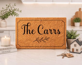 Elegant Script Rectangle Border – Custom Last Name Welcome Mat | Personalised Family Name Doormat | New Home Gift