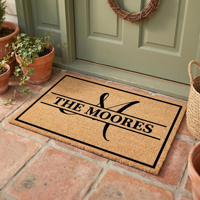 May include: A rectangular doormat made of natural coir fibre. The mat features a black border and the words "THE MOORES" in a bold, black font, with a decorative ampersand and initial. The mat is placed on a brick patio.