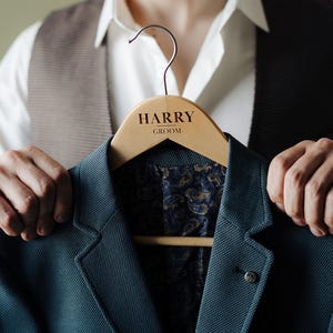 Handmade Groom&#39;s Wedding Hanger Gift, Wedding Tuxedo Hanger with Engraved Names, Groomsmen Gift, Custom Engraved Groom hanger For Him