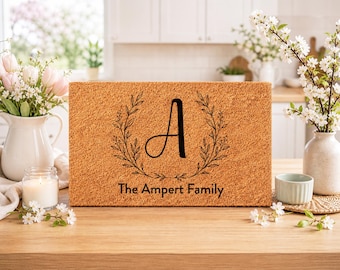 Minimal Botanical Italic Initial – Custom Initial Coir Doormat | Personalised Monogram Welcome Mat | New Home Gift