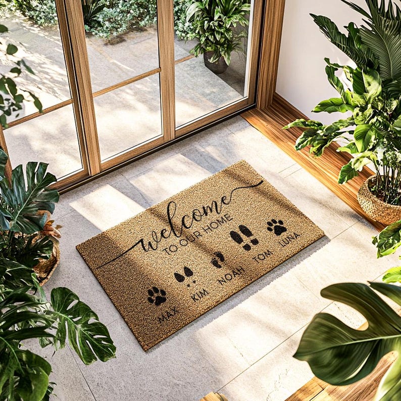 May include: A rectangular doormat made of natural fibers, featuring the words "welcome to our home" in a cursive font. Black paw prints and footprints are printed below the text, with names. The mat is placed in a well-lit entryway.