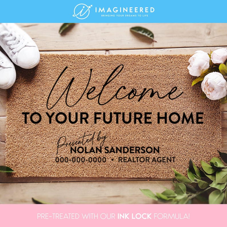 a welcome mat with a pair of shoes on top of it