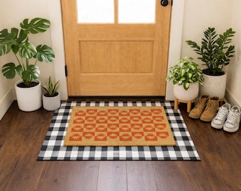 Retro orange schackrutig dörrmatta | Solstrålemönster verandamatta | Trendig kokosfibermatta