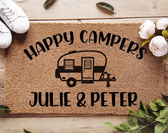 Camper Doormat - Custom Happy Campers Doormat - Personalized Name Door Mat - Camping Welcome Mat - Travel - Explorer Gift - Custom Doormat
