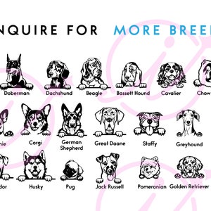 May include: Black and white illustrations of various dog breeds, including a Doberman, Dachshund, Beagle, Bassett Hound, Cavalier, Chow Chow, Frenchie, Corgi, German Shepherd, Great Dane, Staffy, Greyhound, Chihuahua, Labrador, Husky, Pug, Jack Russell, Pomeranian, Golden Retriever, and Cockapoo. The text "INQUIRE FOR MORE BREEDS" is at the top of the image.