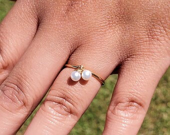 Double Pearl Ring | 14k Gold Jewelry | Women's Ring | Dainty Ring |