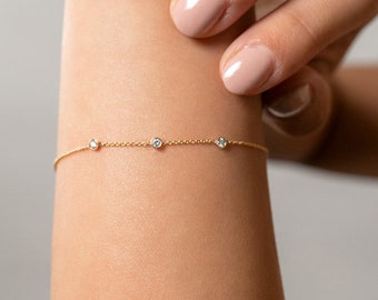 3 Diamond Bracelet | 14k Gold Chain | Mother's Day Gift | Gift for Her | Gift for Mom