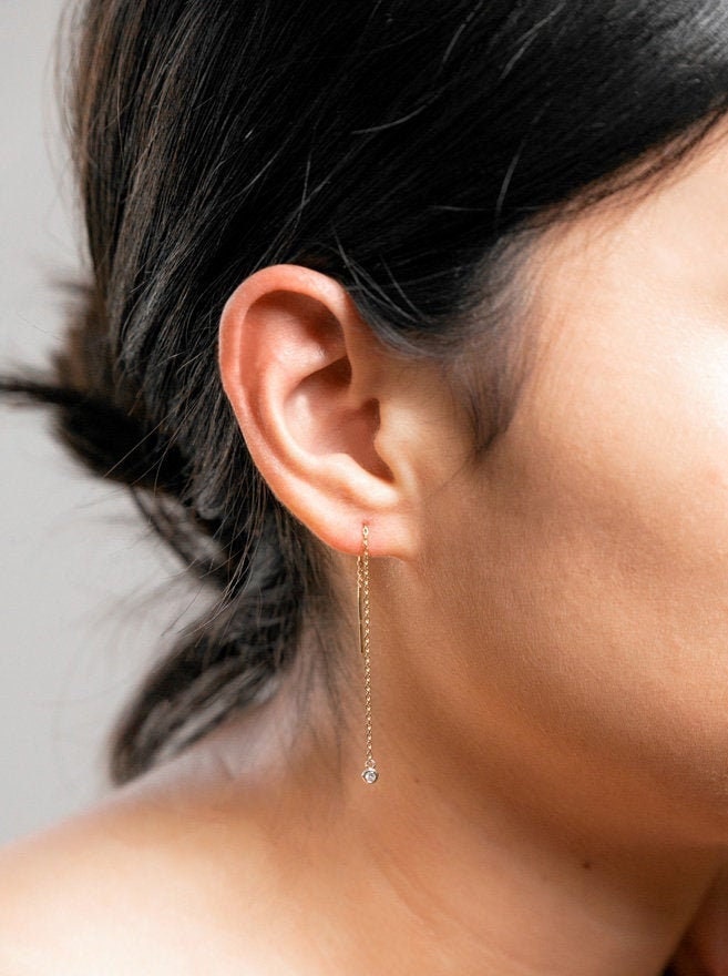 14k Gold Diamond Earrings Threader Diamond Earrings Etsy