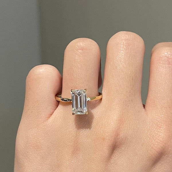 3 Carat Elongated Emerald Cut Moissanite Solitaire Engagement Ring, D VVS1, 10K, 14K, 18K Gold, PT950