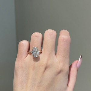 5 Carat Brilliant Elongated Oval Cut Moissanite 4 Double Prong Double Hidden Halo Solitaire Engagement Ring, D VVS1, 10K, 14K, 18K, Platinum