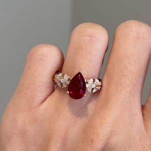 Pear Lab Grown Ruby Gemstone w/ Hidden Halo Leaf Moissanite Solitaire Engagement Ring