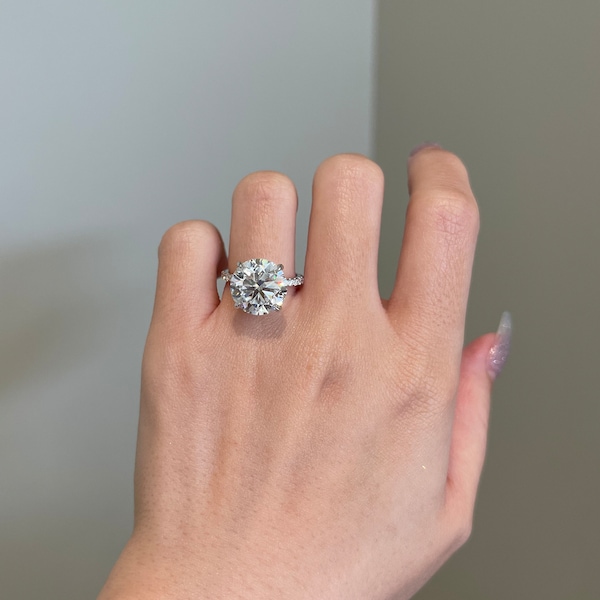 6 Carat Brilliant Round Moissanite 4-Prong Hidden Halo Pavé Engagement Ring, D VVS1, 10K, 14K, 18K Gold, Platinum