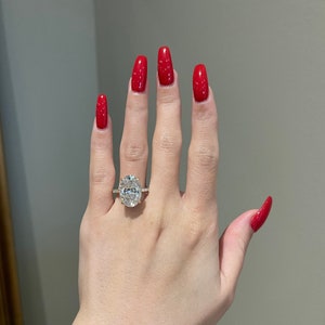 10 Carat Crushed Ice Hybrid Oval Cut Moissanite 4-Prong Lab Diamond Hidden Halo Pavé Engagement Ring, D VVS1, 10K, 14K, 18K Gold & Platinum